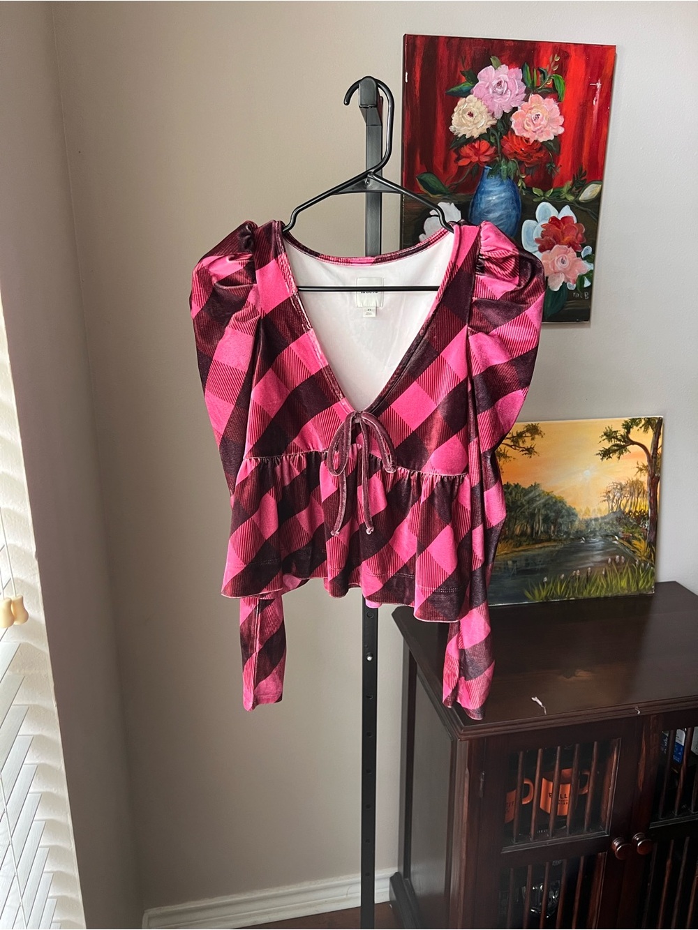 Maeve Pink Plaid V-Neck Tie-Front Women’s Top
